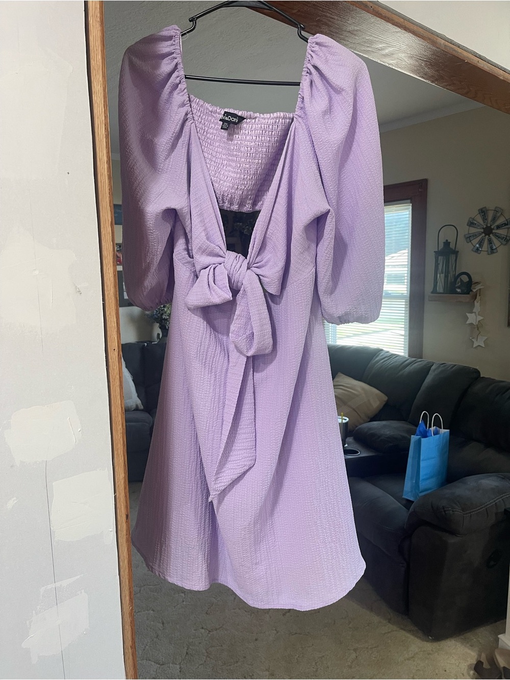 Lavender Puff-Sleeve Tie-Front Dress